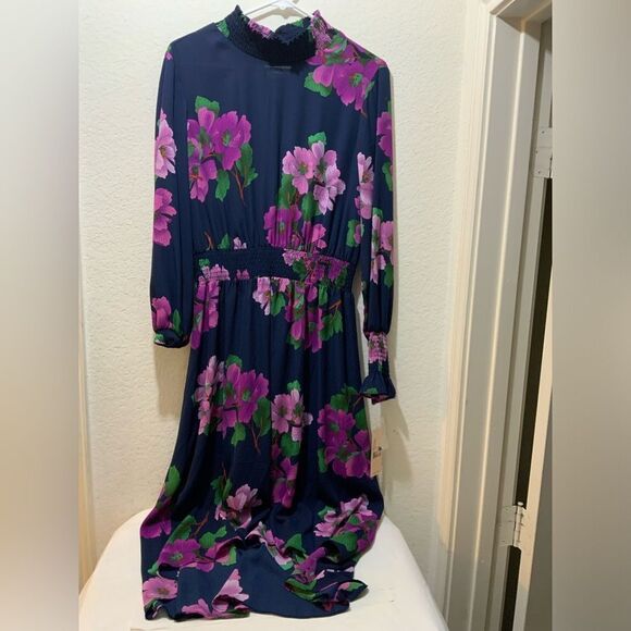 nanette Lepore Navy & Fuchsia Floral Cinched Midi Dress 10 Flowy NWT - Picture 3 of 16
